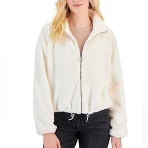 Crave Fame Faux-Fur Zipper-Front Collared Jacket Hits At The Hip Size Medium